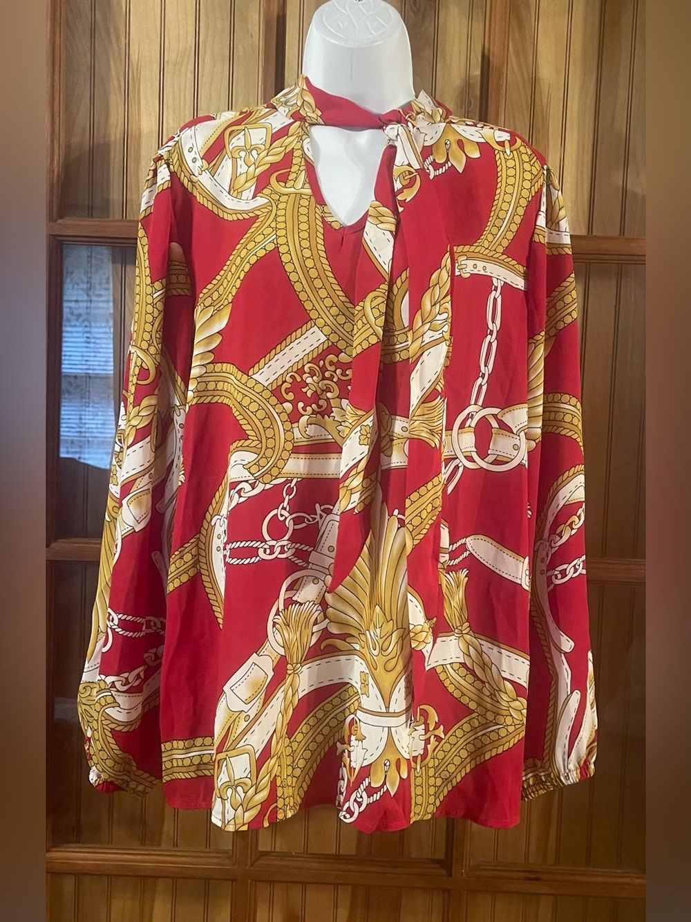 Ashley Stewart Red & Gold Chain Print Tie-Neck Blouse